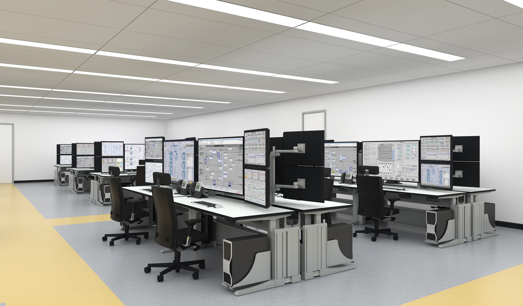 Salle de contrôle avec les consoles Elicon 3 de Knurr