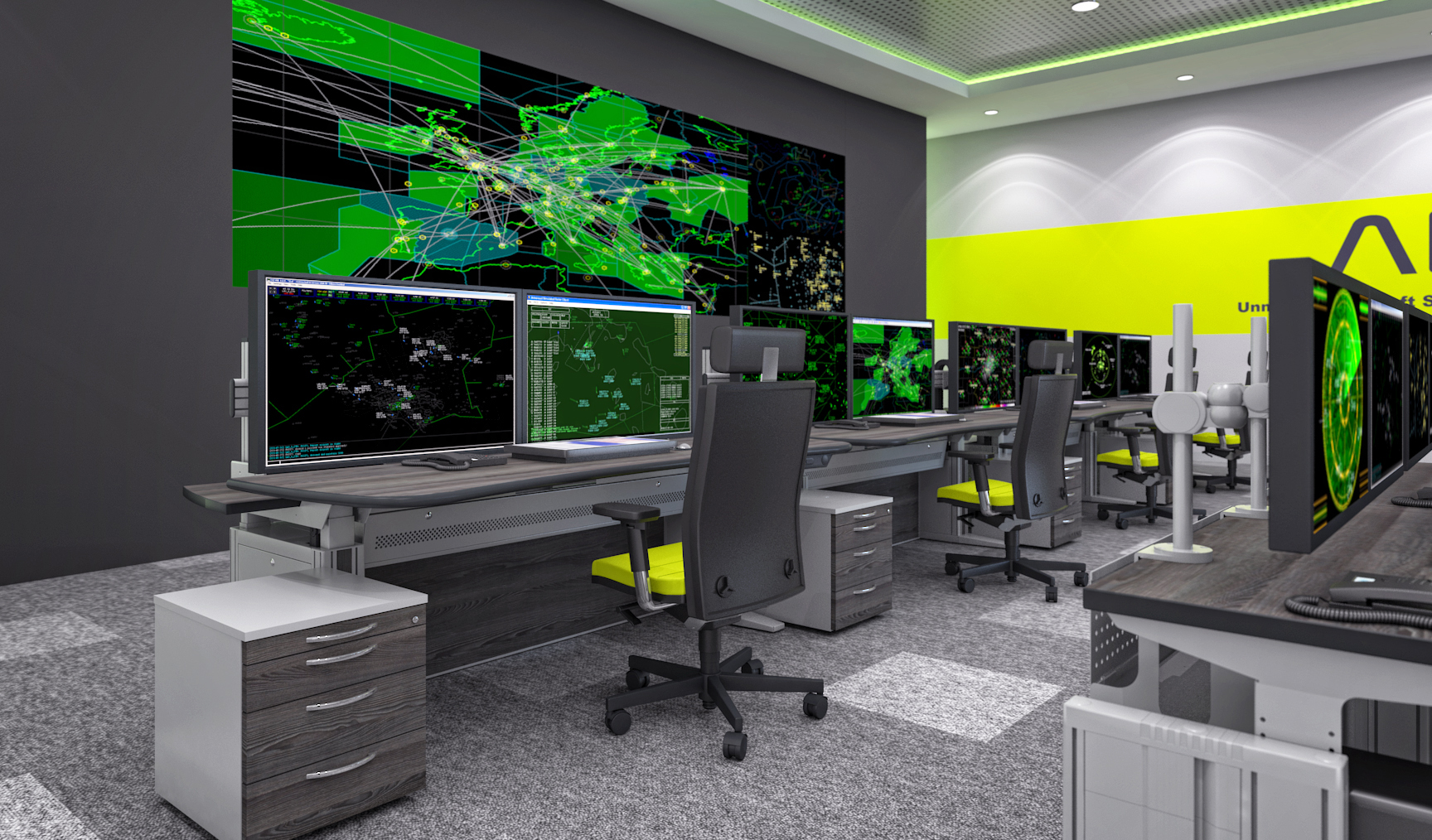 Salle de contrôle aérien avec les consoles Ergocon 2 de Knurr