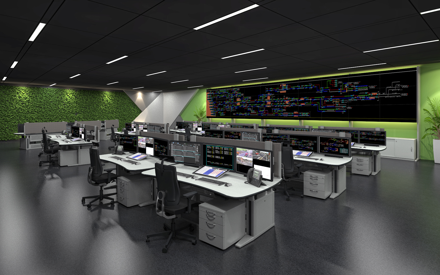 Salle de contrôle avec les consoles Ergocon 3 de Knurr