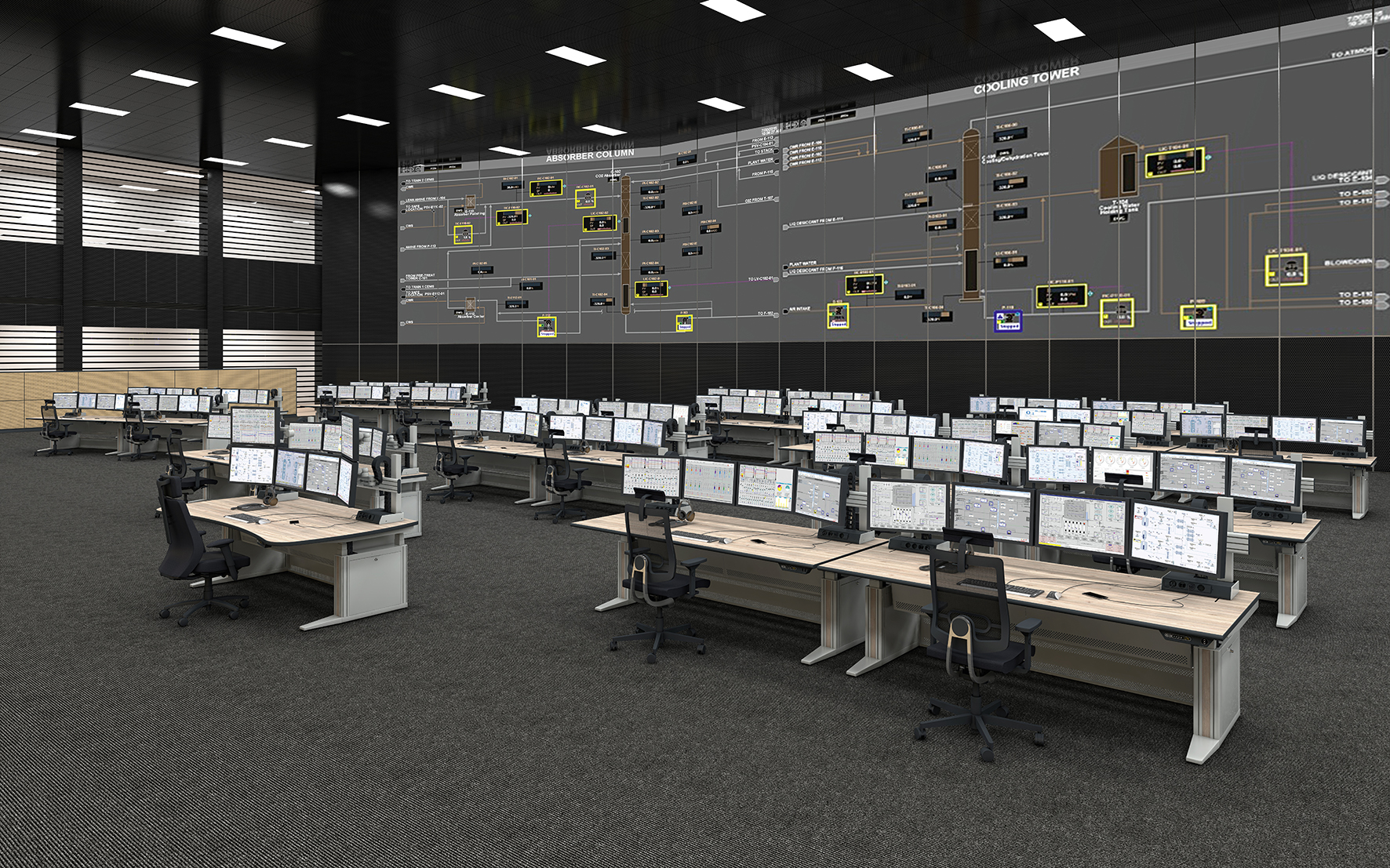 Salle de contrôle avec les consoles Ergocon 5 de Knurr