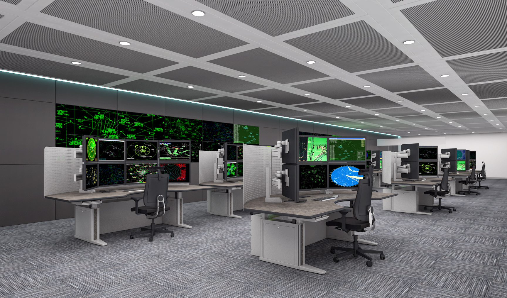 Salle de contrôle aérien avec les consoles Ergocon 7 de Knurr