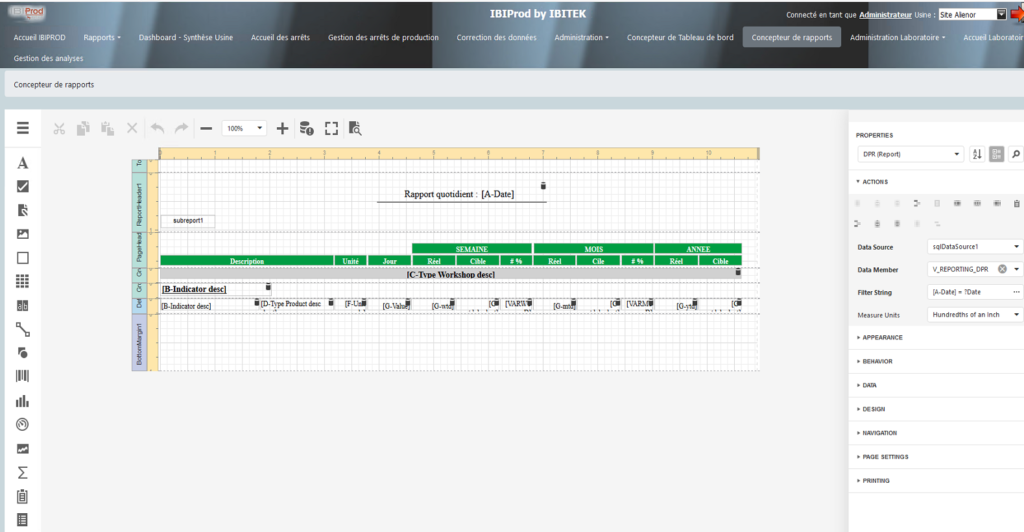 Interface du logiciel IBIProd montrant la création et la gestion de rapports par les utilisateurs