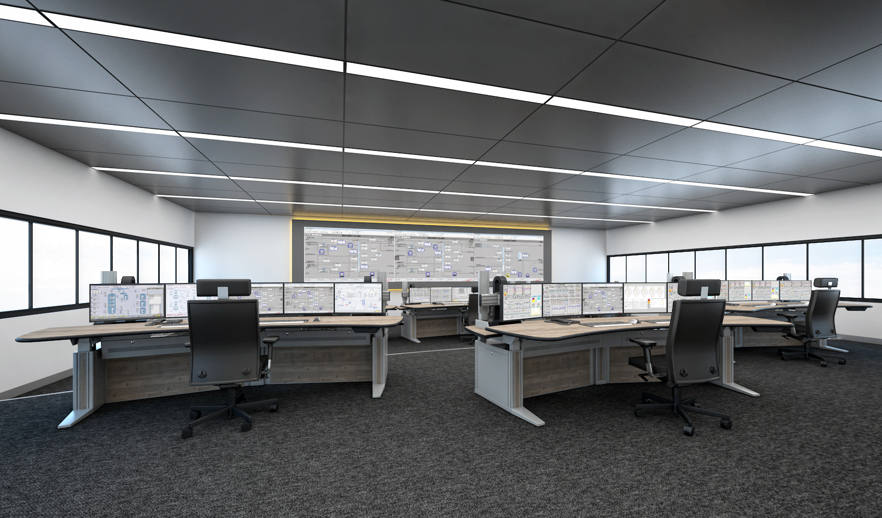 Control room with screens and monitoring systems for industrial operations