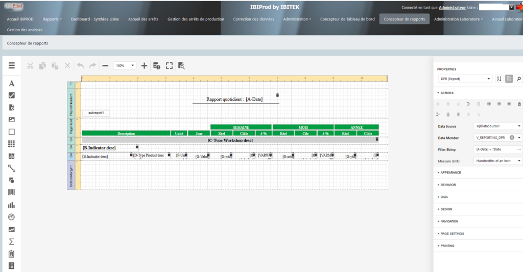 Interface du logiciel IBIProd montrant la création et la gestion de rapports par les utilisateurs