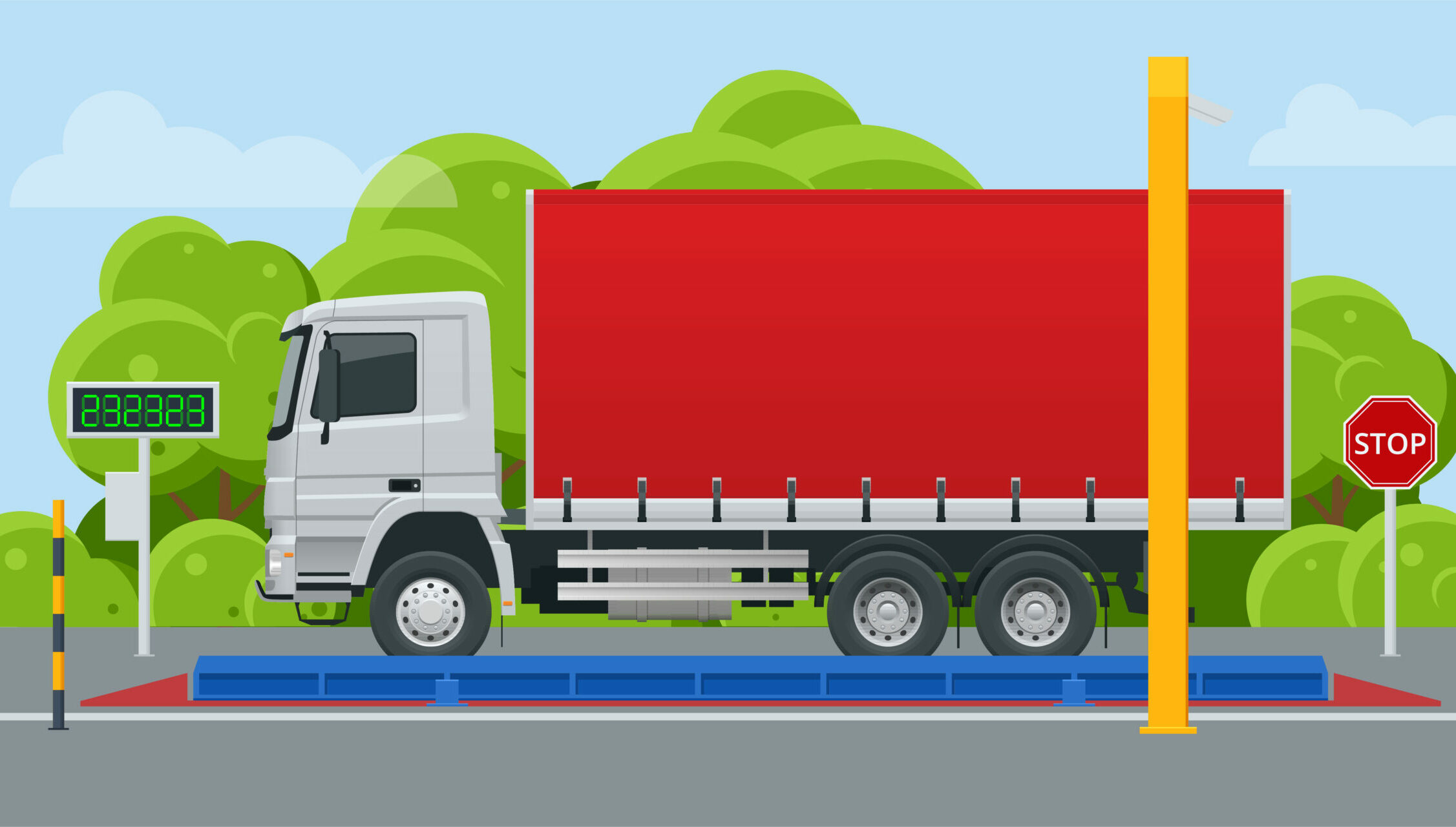 Camion industriel en cours de pesage avec affichage du poids sur le panneau