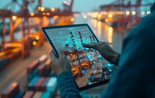 Concept de technologie intelligente pour la logistique mondiale, conteneurs industriels sur cargo et chaîne d’approvisionnement, avec un homme d’affaires utilisant une tablette digitale