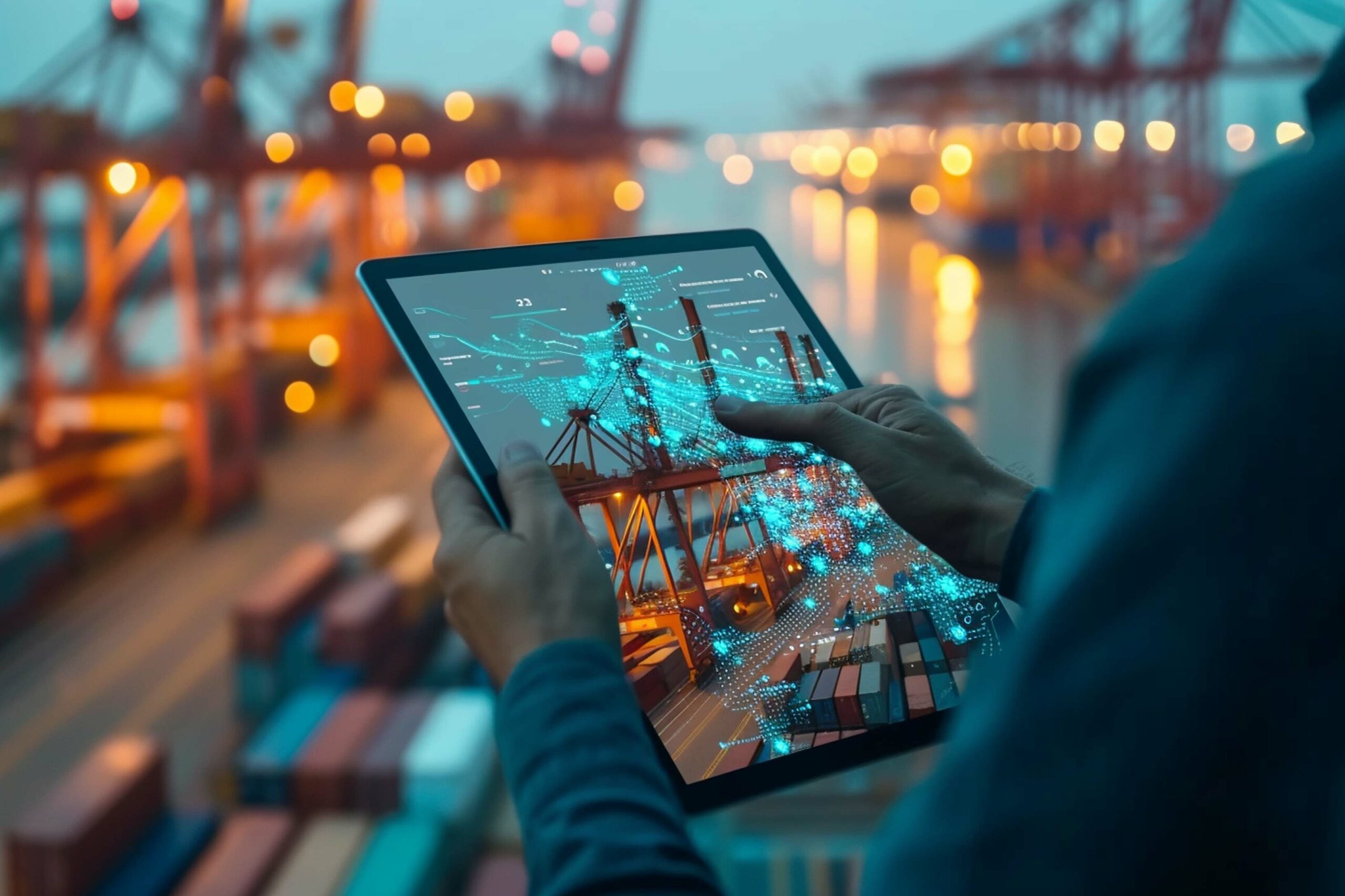 Concept de technologie intelligente pour la logistique mondiale, conteneurs industriels sur cargo et chaîne d’approvisionnement, avec un homme d’affaires utilisant une tablette digitale