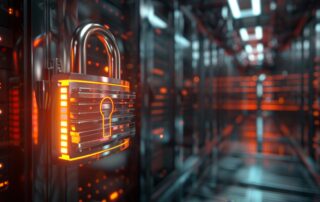 Un cadenas en acier chromé entouré d’un bouclier numérique lumineux protégeant une baie de serveurs en arrière-plan