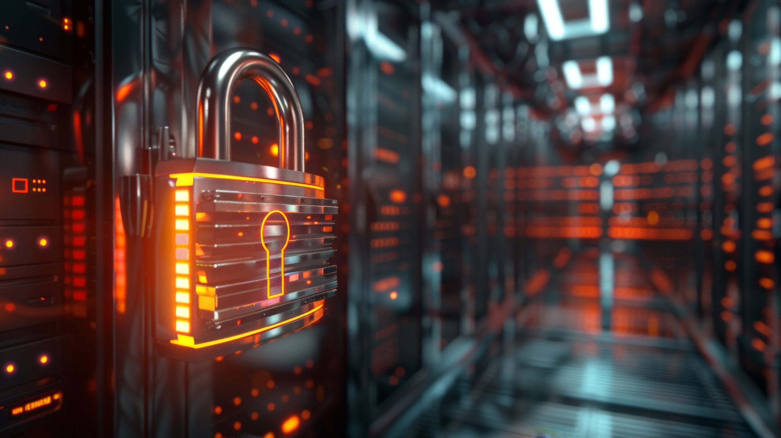 A chrome steel padlock wrapped in a glowing digital shield, protecting a server bank in the background